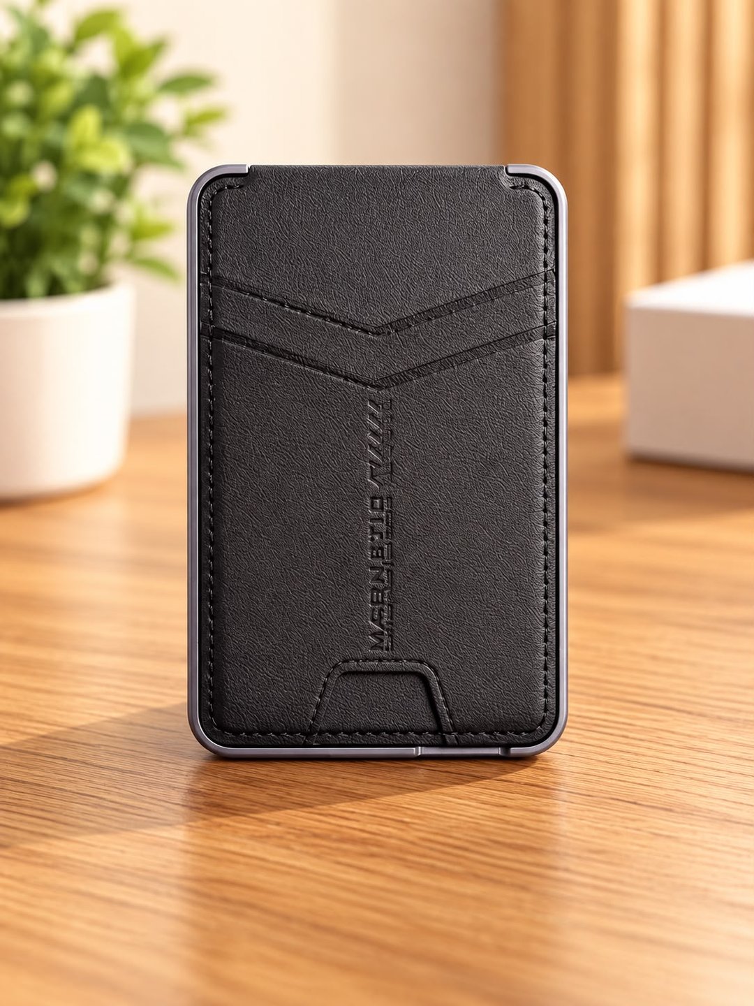 Cartera de cuero negro con la inscripción Magnetic Stand