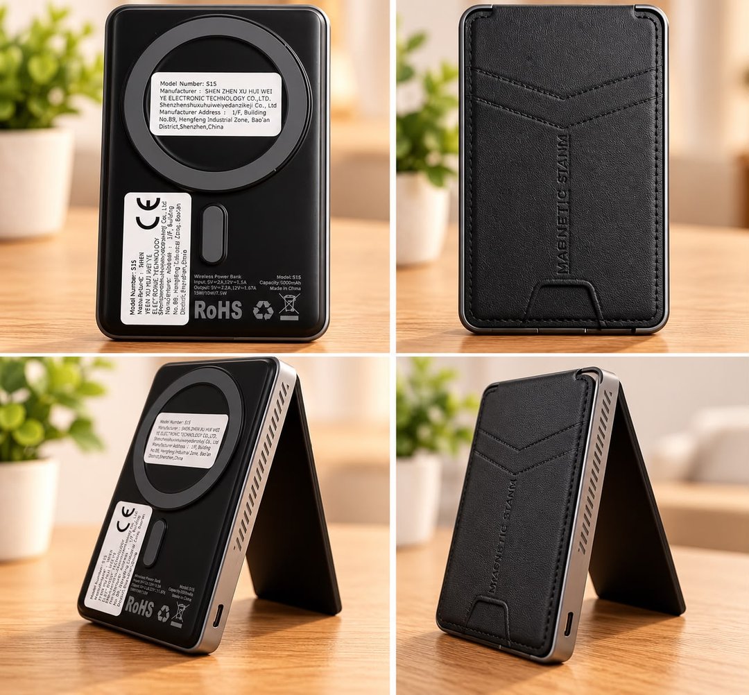 Cuatro vistas del power bank: cara magnética, cartera y soporte abierto